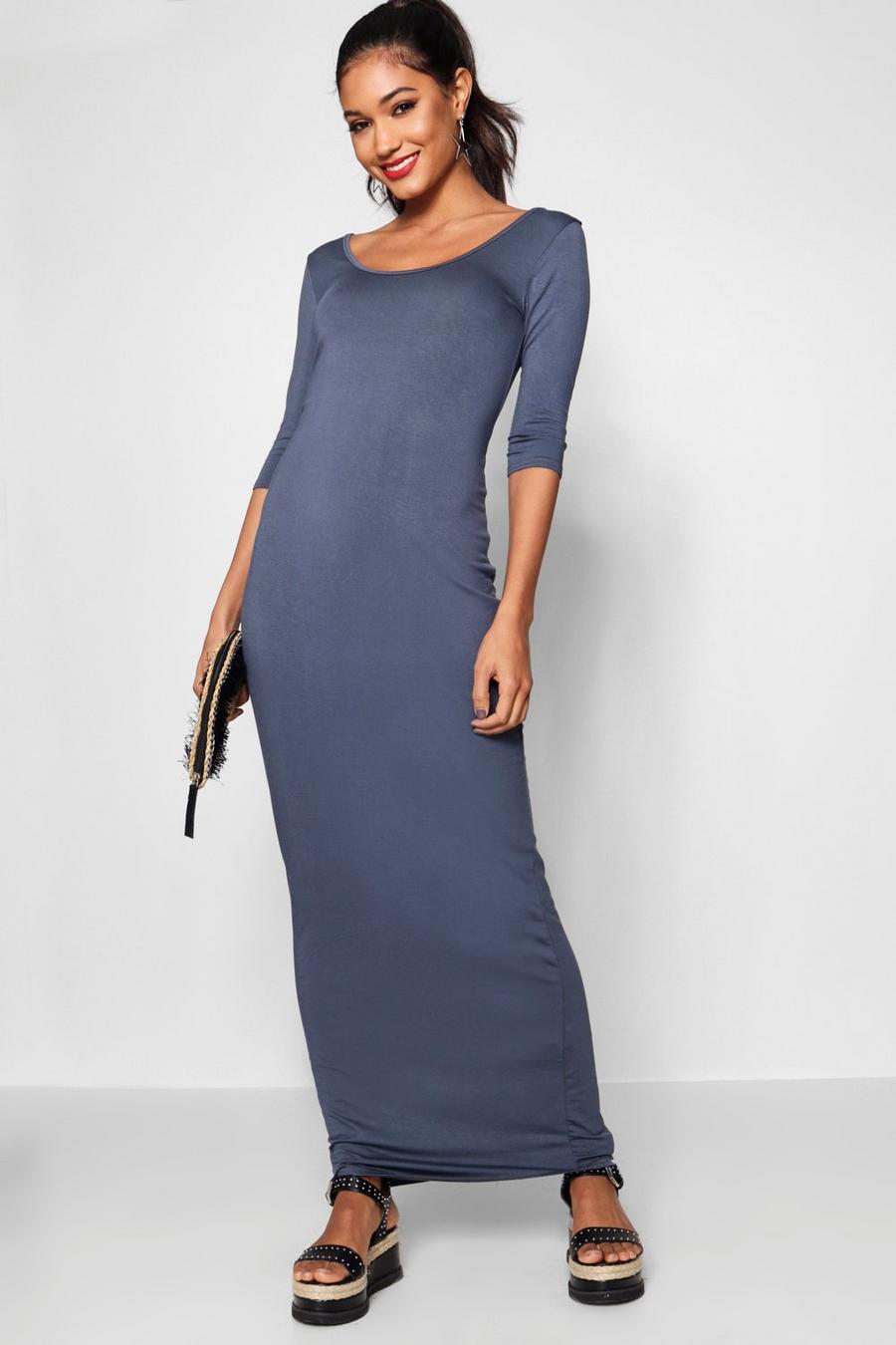 Basic 3/4 Sleeve Scoop Neck Maxi Dress, Grey image number 1