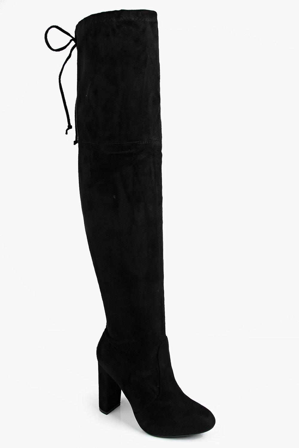 lace up detail block thigh high heeled boots