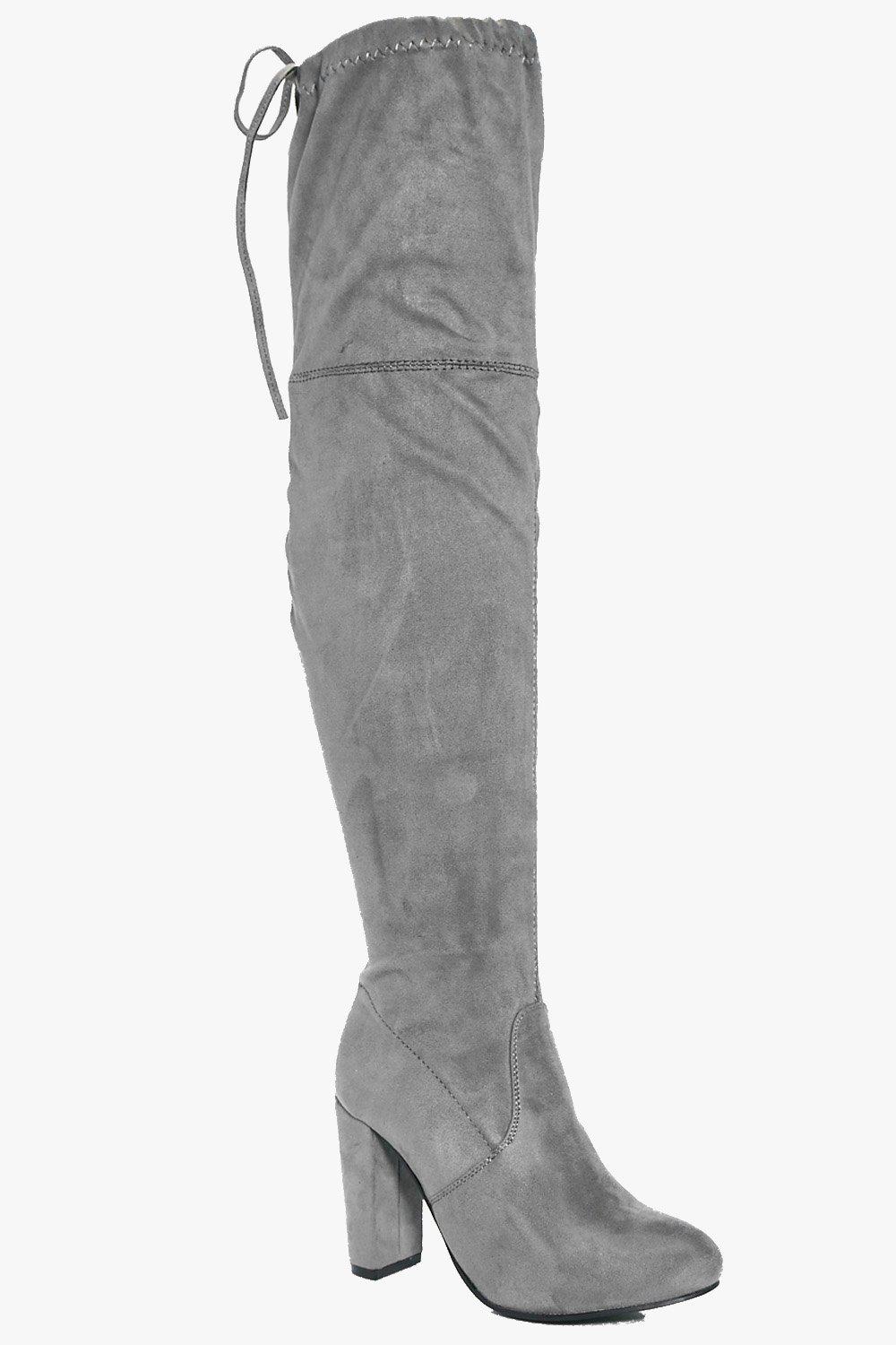 lace up detail block thigh high heeled boots