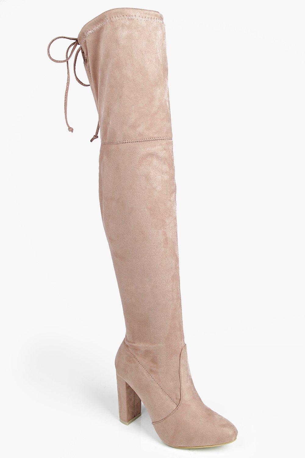 lace up detail block thigh high heeled boots