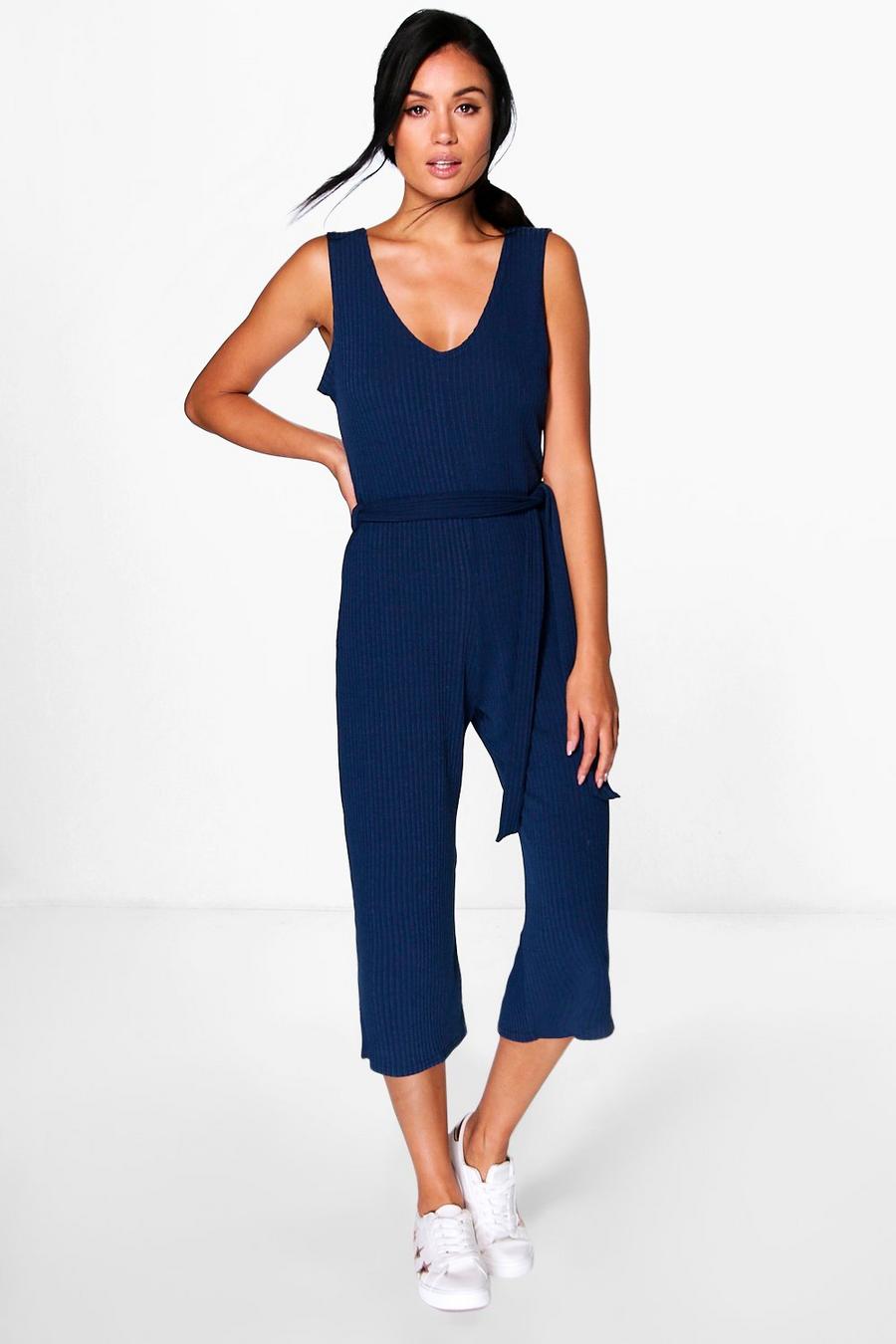 Navy Basic Ribbed Culotte Jumpsuit
