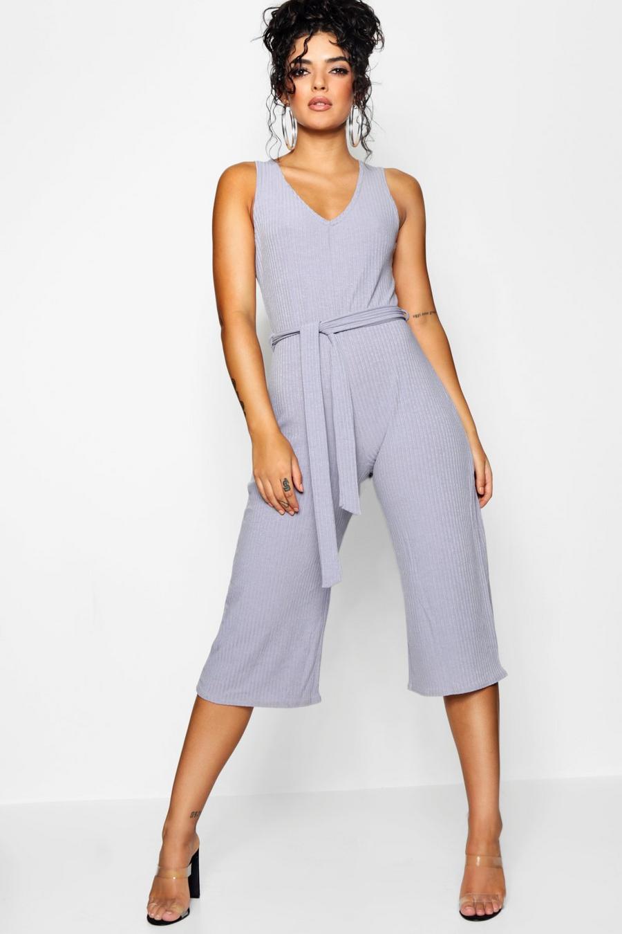 Silver Basic Ribbed Culotte Jumpsuit
