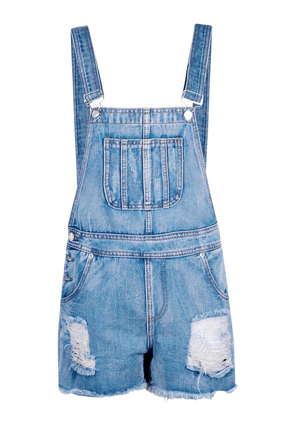 Ripped Denim Dungaree Shorts