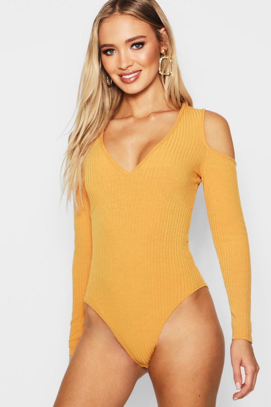 Mustard Long Sleeve Cold Shoulder Bodysuit image number 1