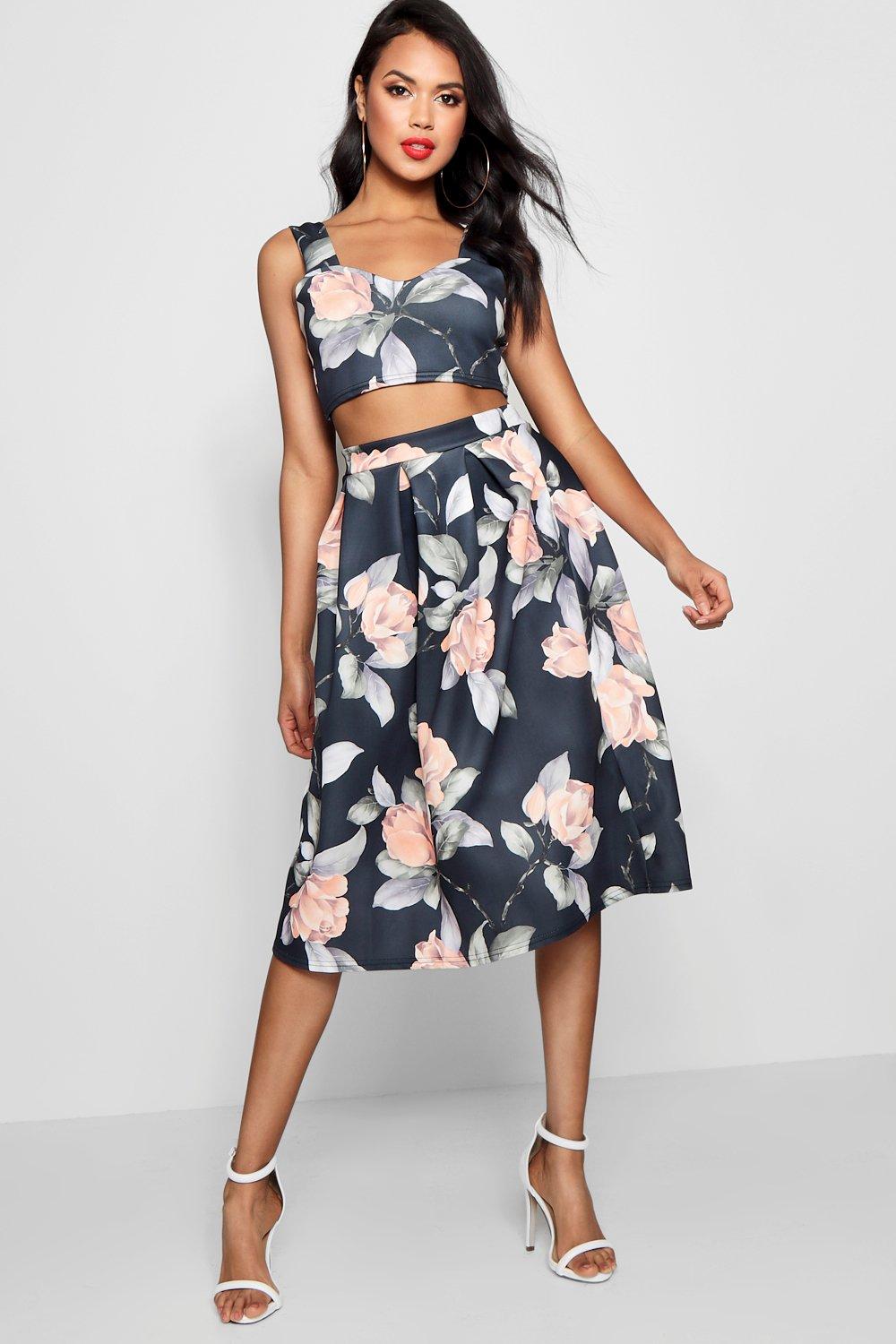 black crop top and midi skirt set