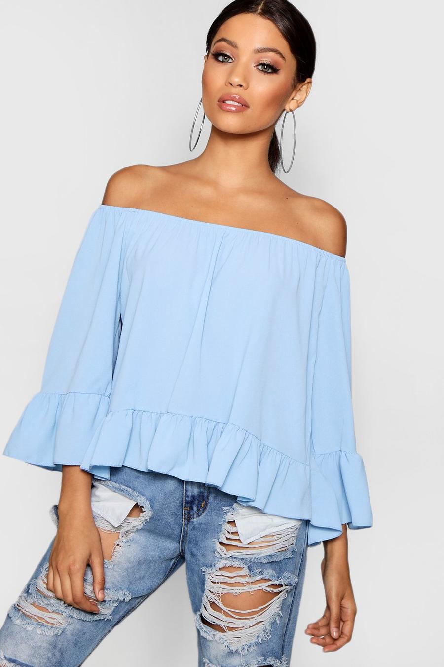 Sky blue Woven Off The Shoulder Frill Sleeve Top image number 1