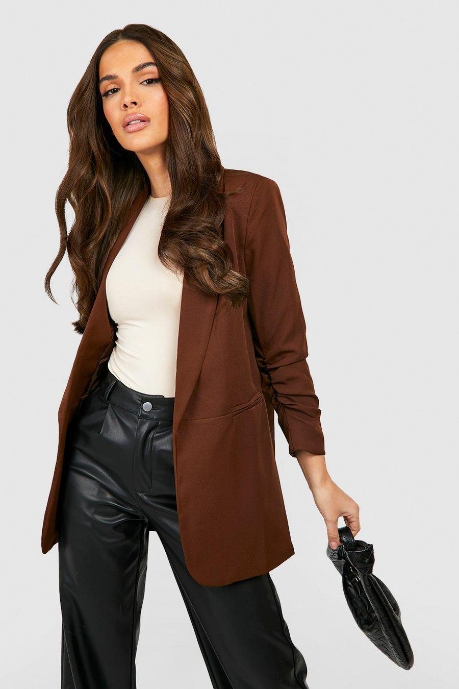 Chocolate Ruched Sleeve Blazer image number 1