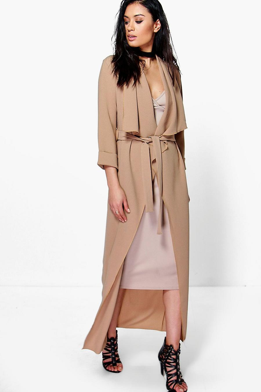 Camel beige Tia Waterfall Woven Belted Duster image number 1