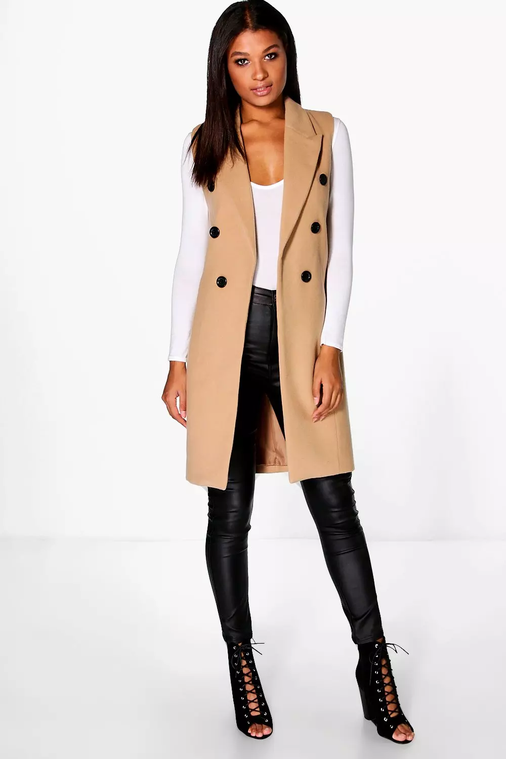 Sleeveless on sale camel coat