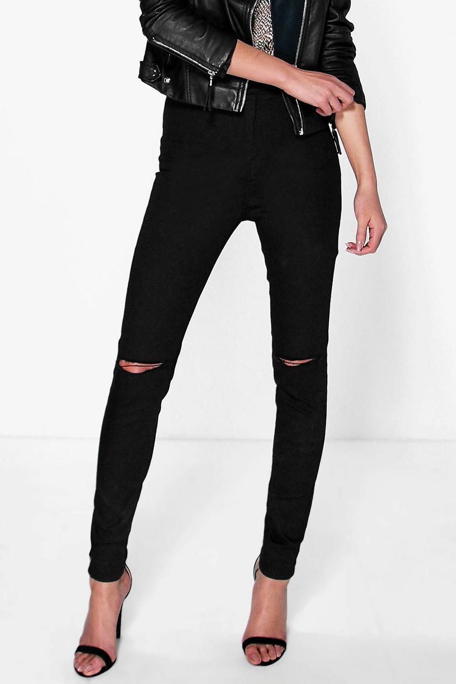 Black High Waisted Knee Rip Jeans image number 1