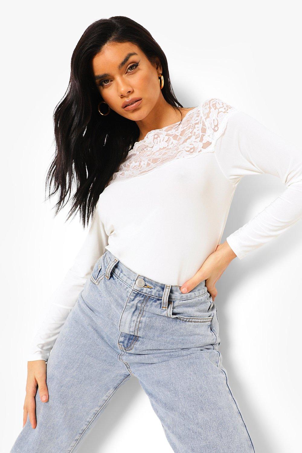 ASOS DESIGN Petite v neck lace trim long sleeve bodysuit in white