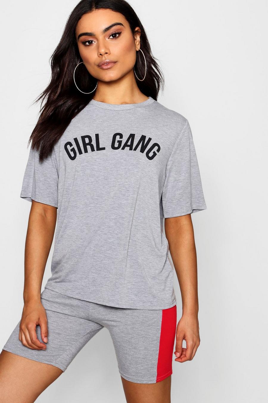 Grey marl Girl Gang Slogan Oversized T-Shirt image number 1