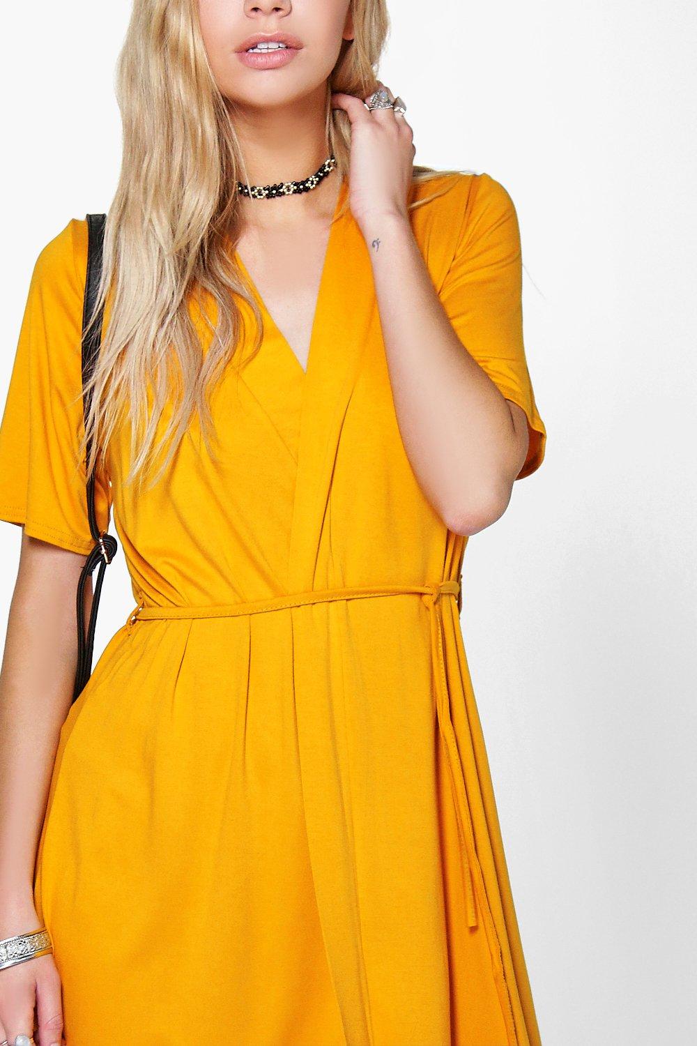 Boohoo yellow wrap dress hotsell