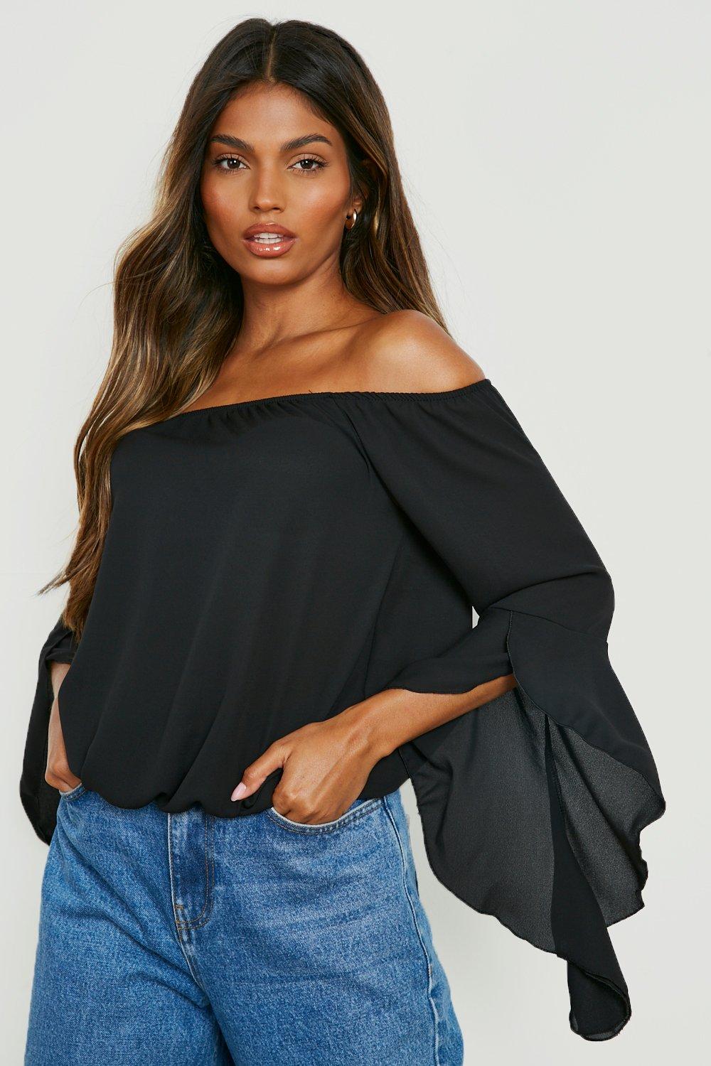 Black off the shoulder store top with bell sleeves