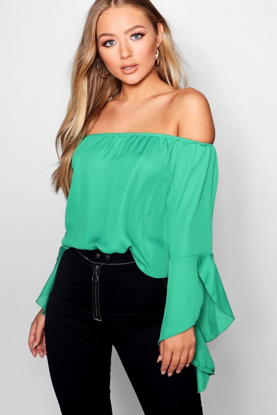 Green Fluted Frill Sleeve Off The Shoulder Top image number 1