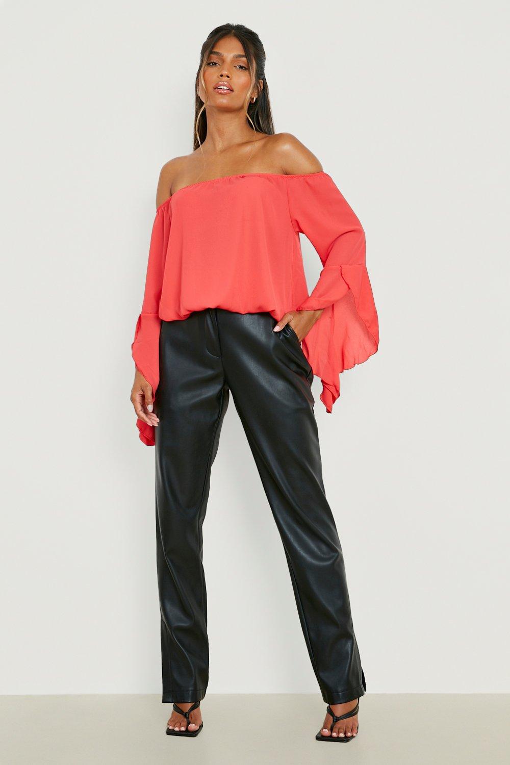 Women's Red Fluted Frill Sleeve Off The Shoulder Top