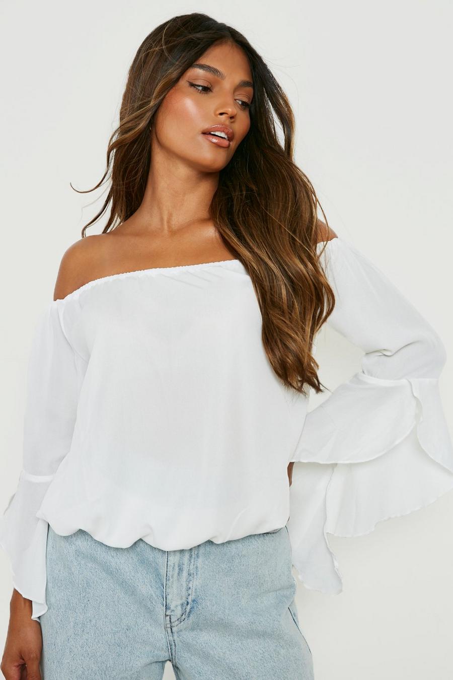 White Fluted Frill Sleeve Off The Shoulder Top image number 1
