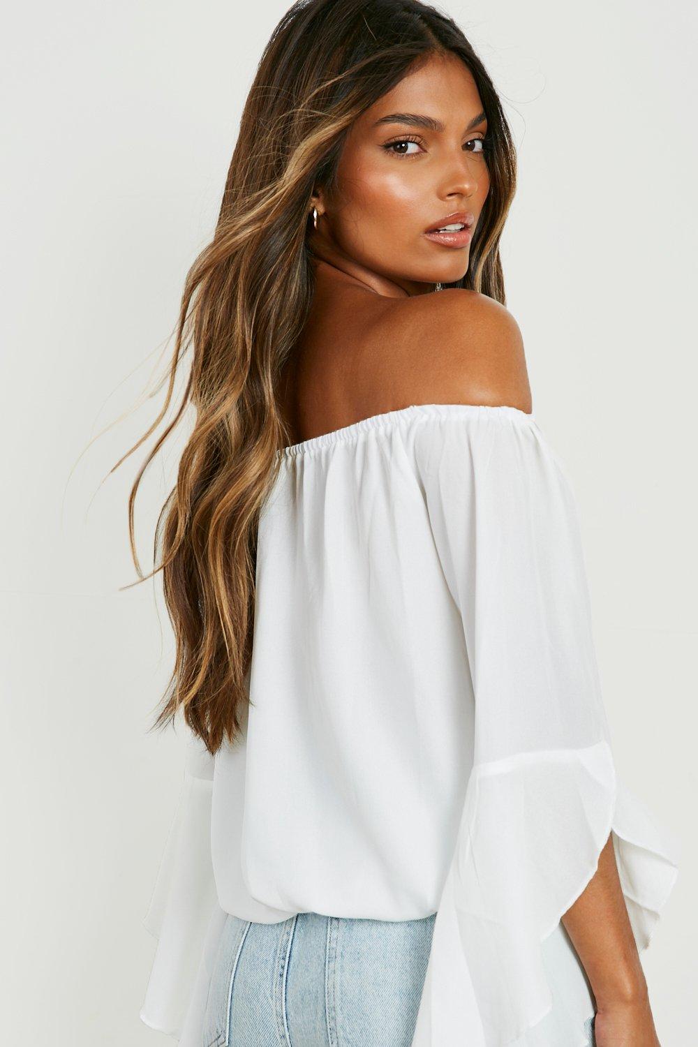 Boohoo white off shop the shoulder top