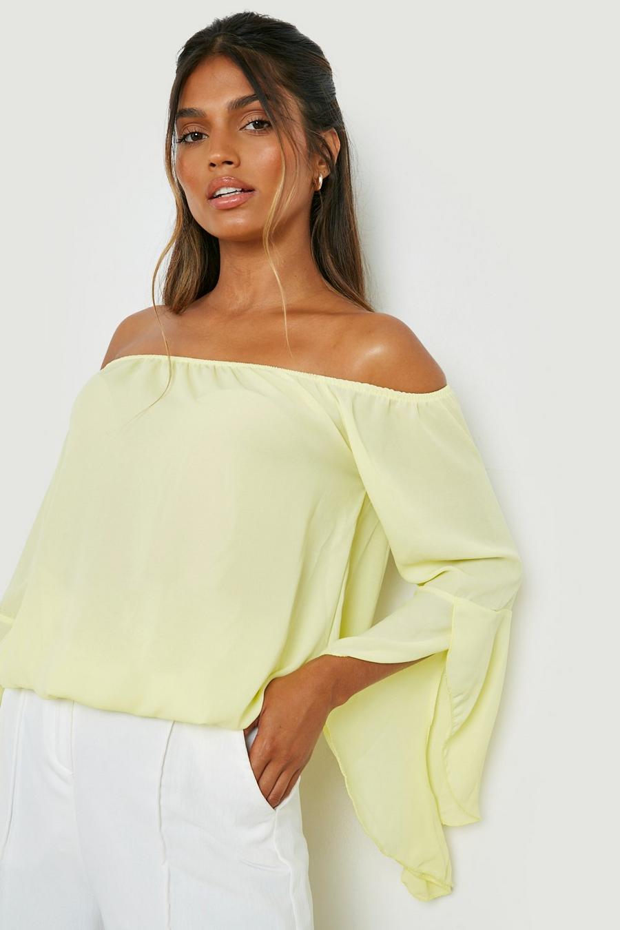 Yellow Fluted Frill Sleeve Off The Shoulder Top image number 1