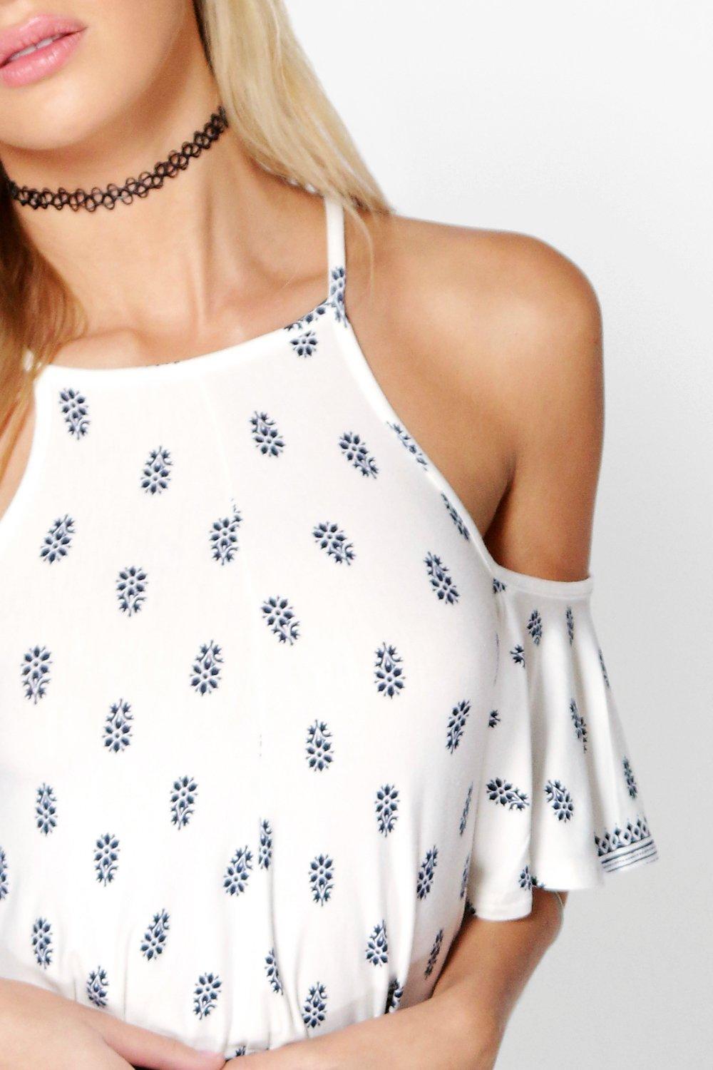Cold Shoulder Border Print Swing Playsuit boohoo