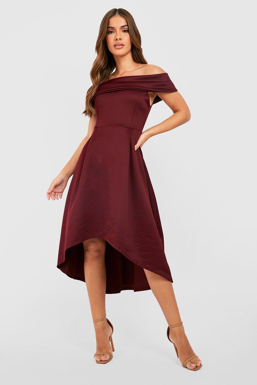 boohoo off shoulder skater dress