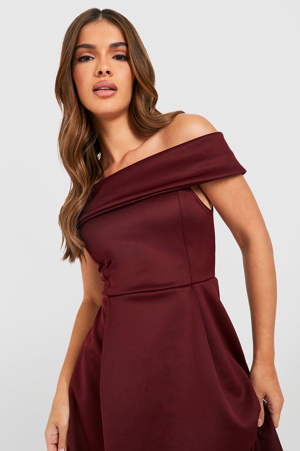 off the shoulder dip hem skater dress