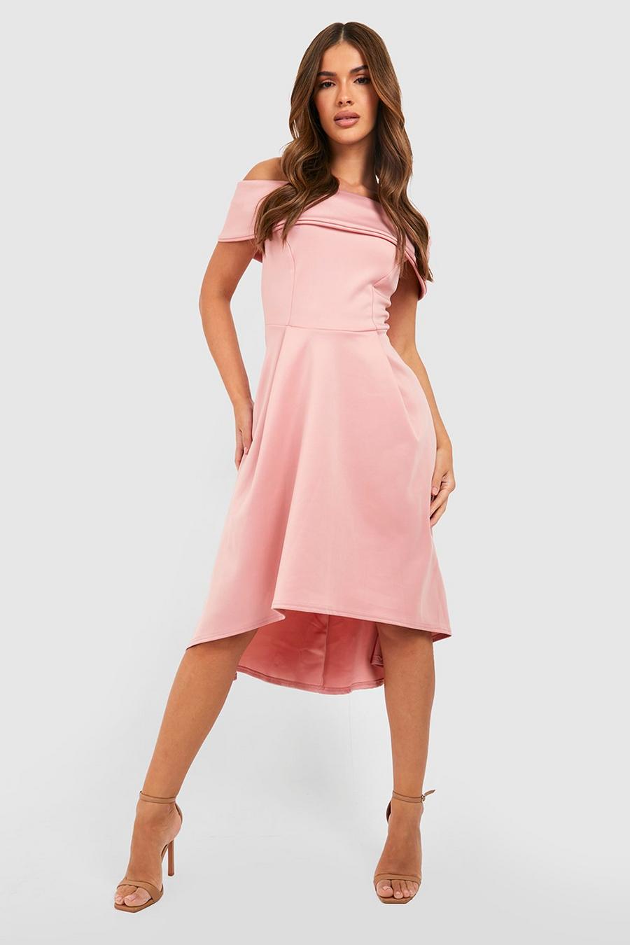 Blush pink Off The Shoulder Dip Hem Skater Dress