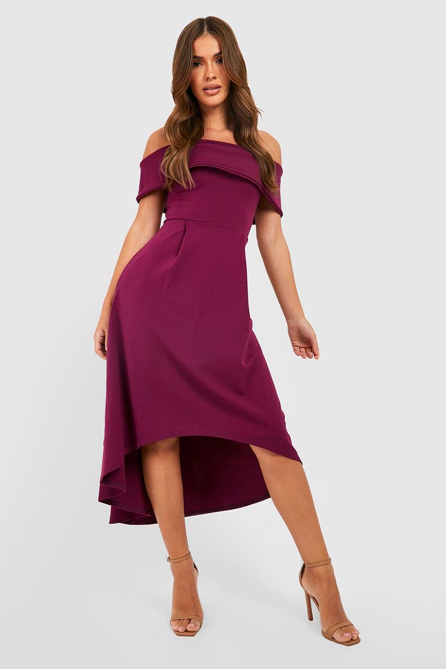 Jewel purple Off The Shoulder Dip Hem Skater Dress