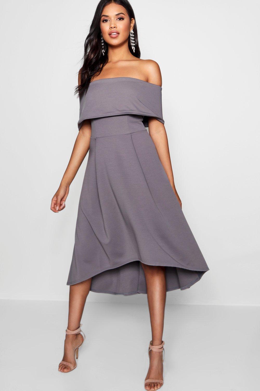 Off The Shoulder Dip Hem Skater Dress Boohoo