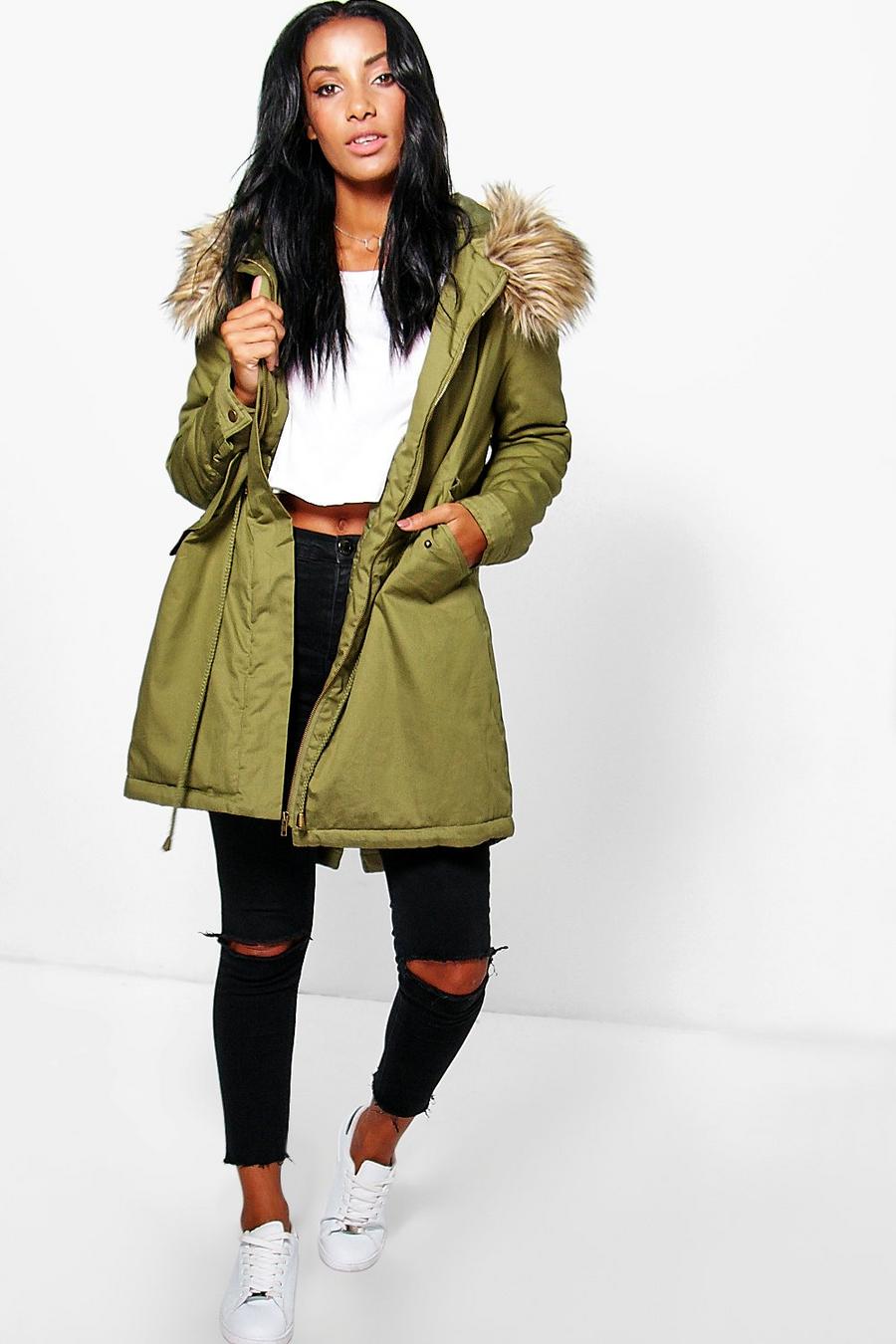 Khaki Evie Parka With Luxe Faux Fur Hood image number 1