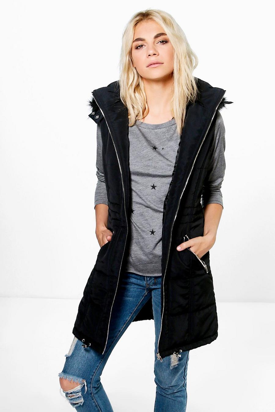 Holly Quilted Longline Faux Fur Trim Hood Gilet image number 1