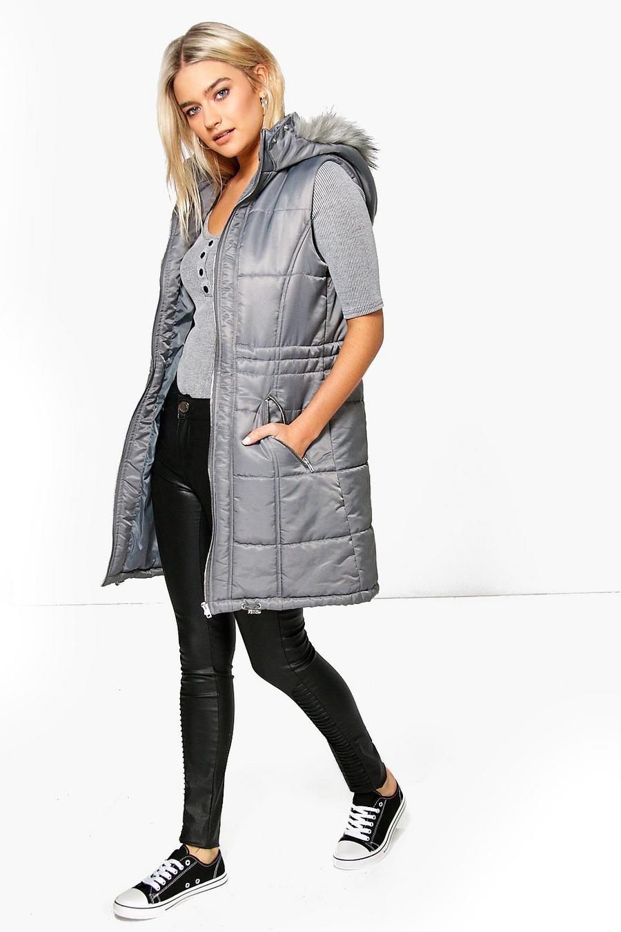 Phoebe acolchado largo chaleco de piel sintética con capucha image number 1