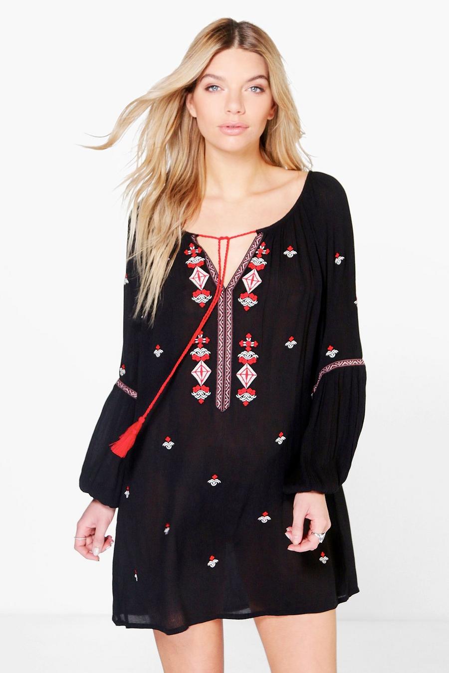 Black Letizia Embroidered Tassel Shift Dress image number 1