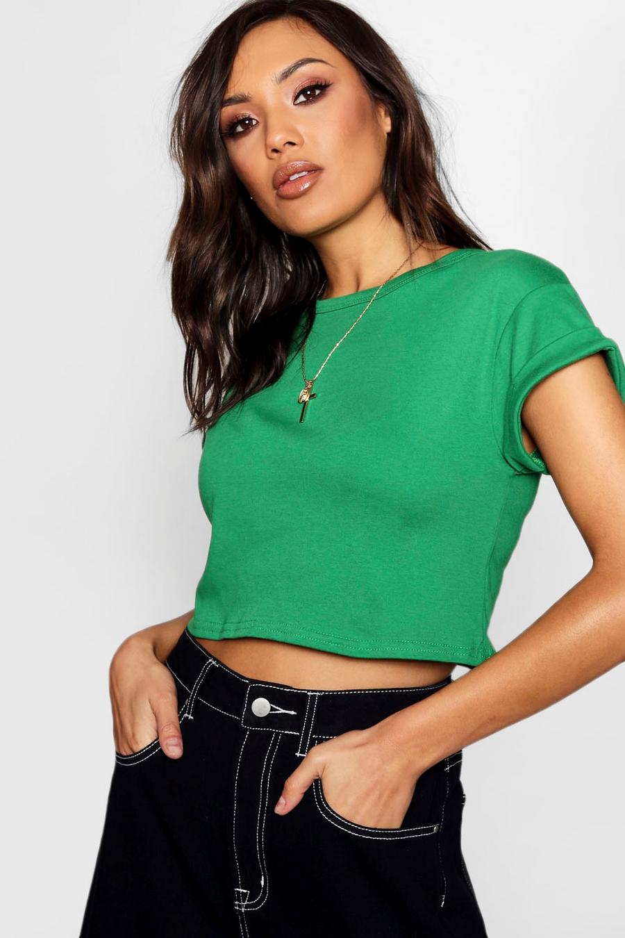 Green Basic Roll Sleeve Crop T-Shirt image number 1