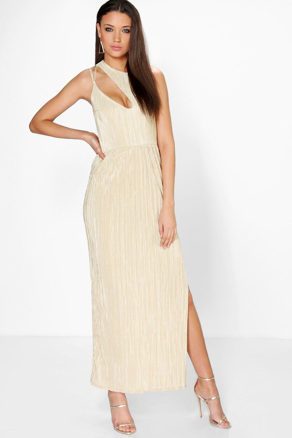 pleated thigh split maxi dress