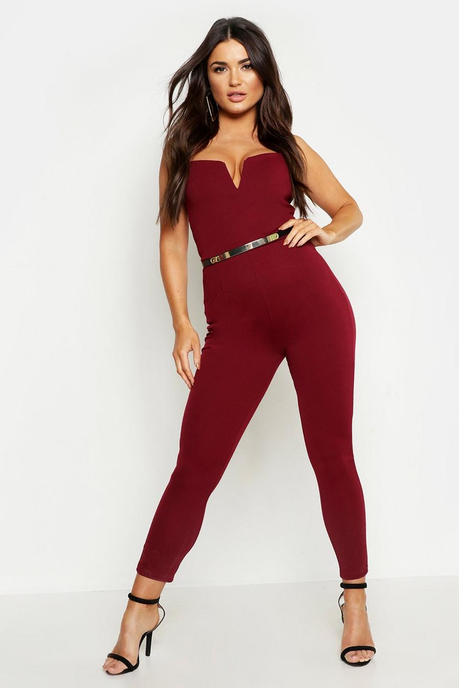 Berry Plunge Belted Jumpsuit