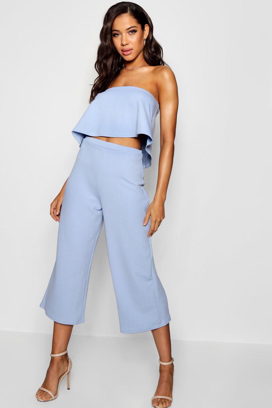 Cornflower blue Tube Top And Culottes Two-Piece Set