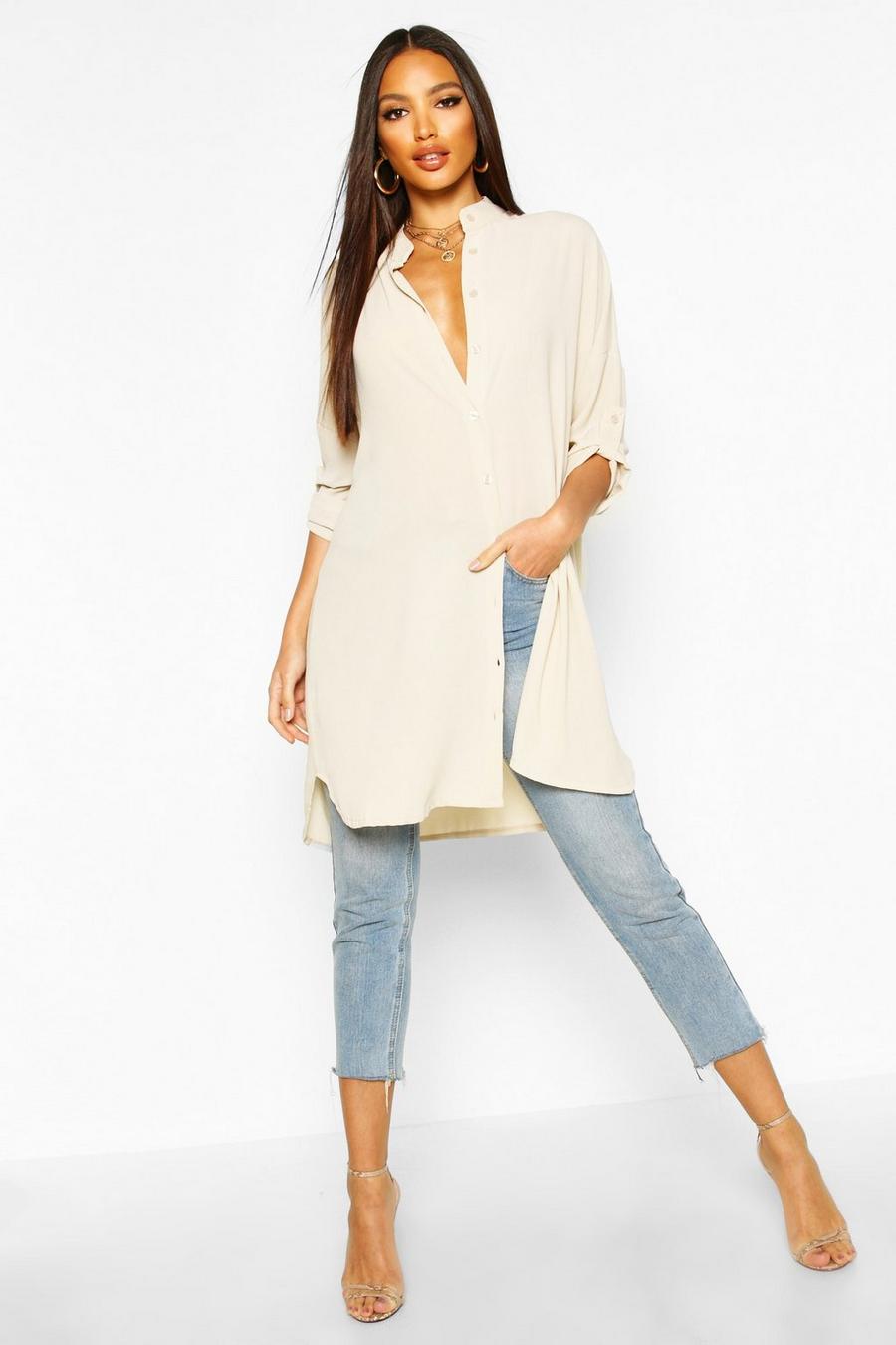 Cream Longline Oversized Sleeve Shirt image number 1