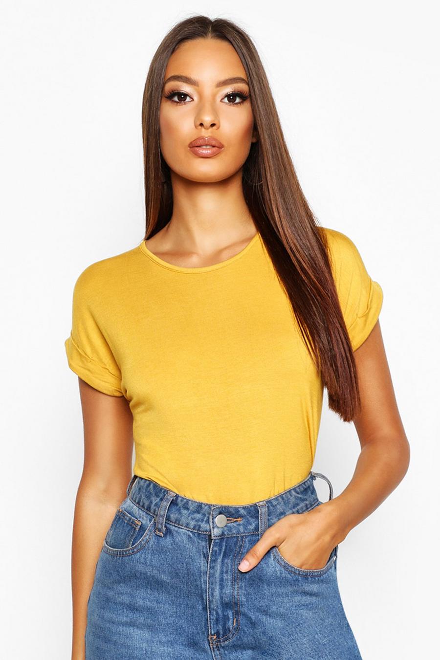 Mustard Boxy Turn Cuff Basic T-Shirt image number 1