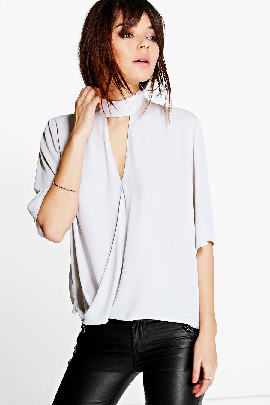 Silver High Neck Cut Out Choker Wrap Front Blouse image number 1