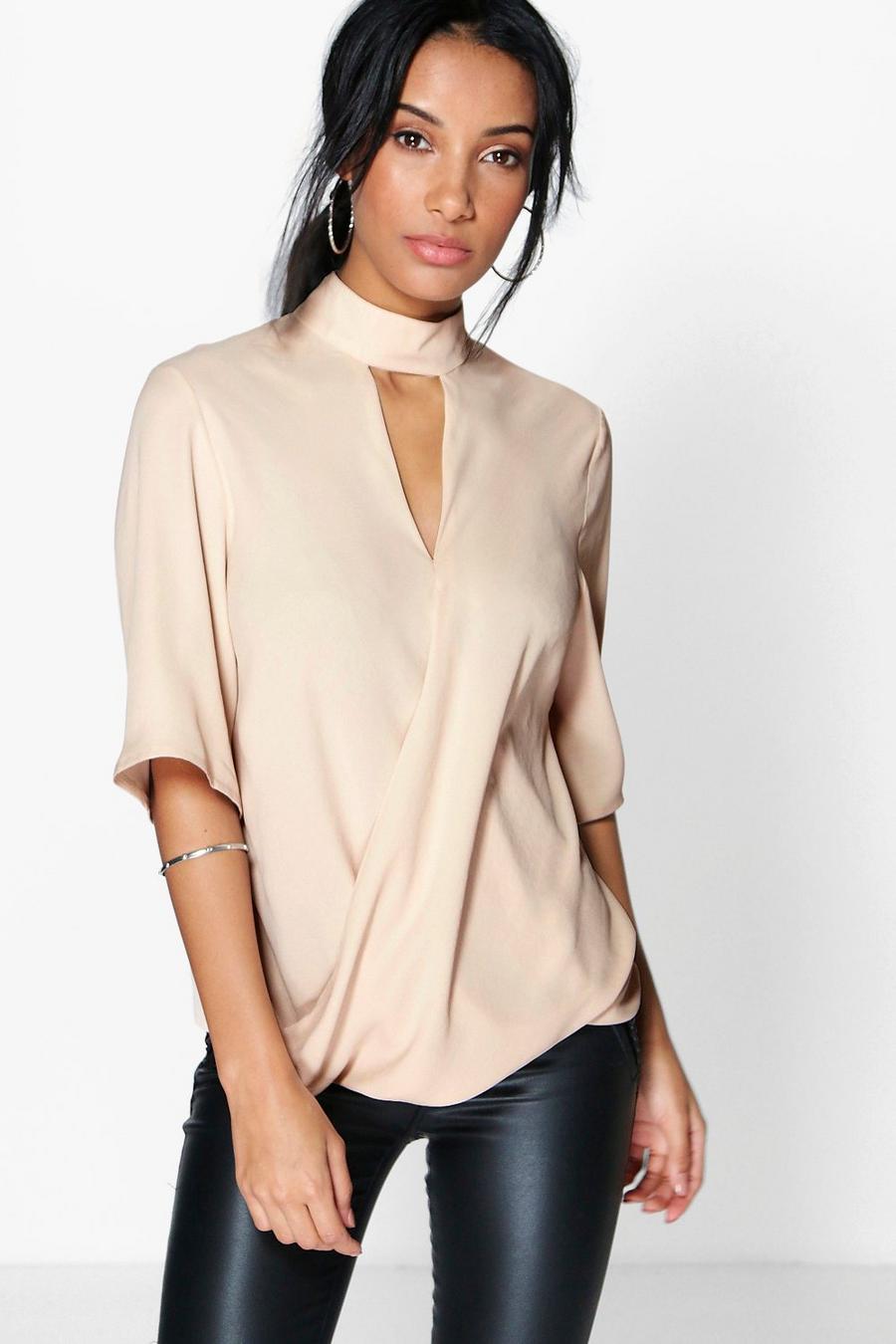 Stone High Neck Cut Out Choker Wrap Front Blouse image number 1