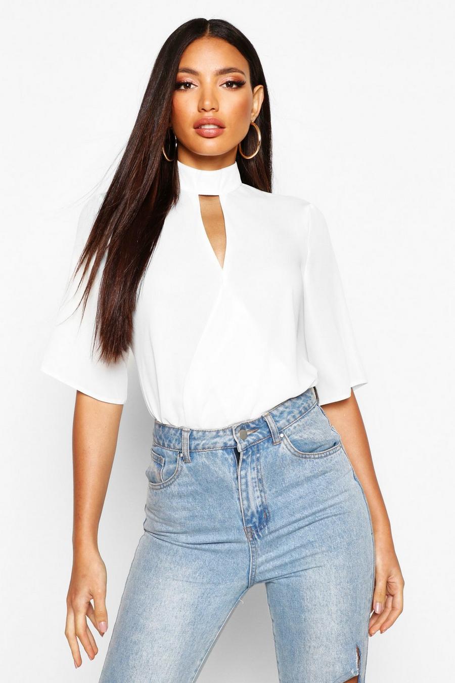 White High Neck Cut Out Choker Wrap Front Blouse image number 1