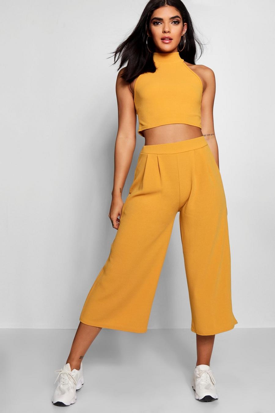 Mustard High Neck Crop and Culotte Co-Ord Set image number 1