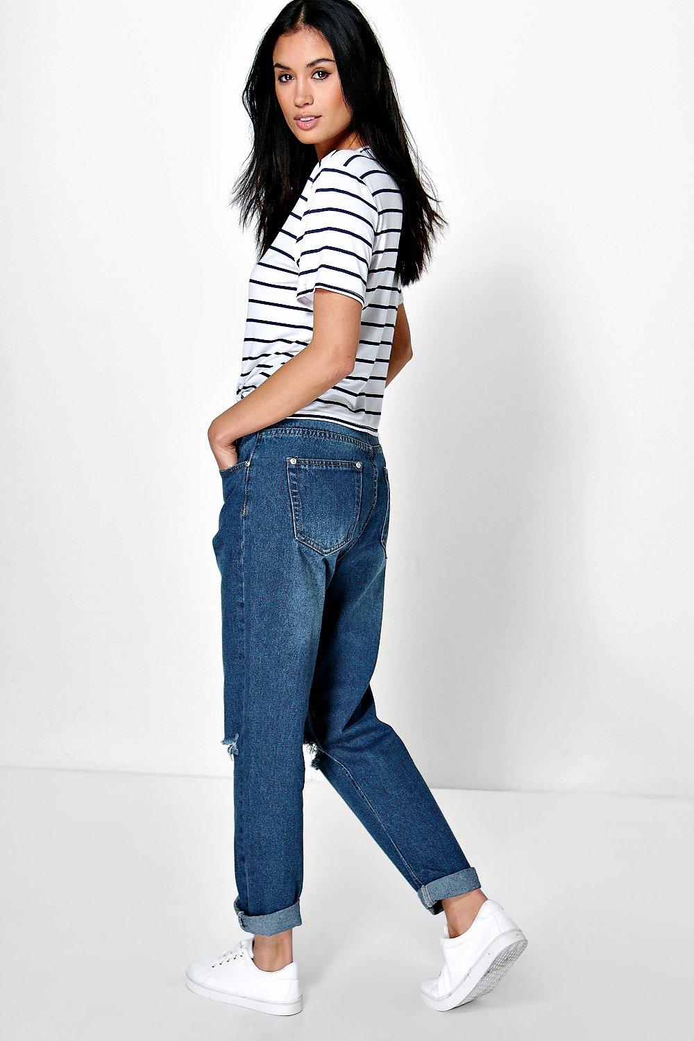 dark wash distressed boyfriend jeans