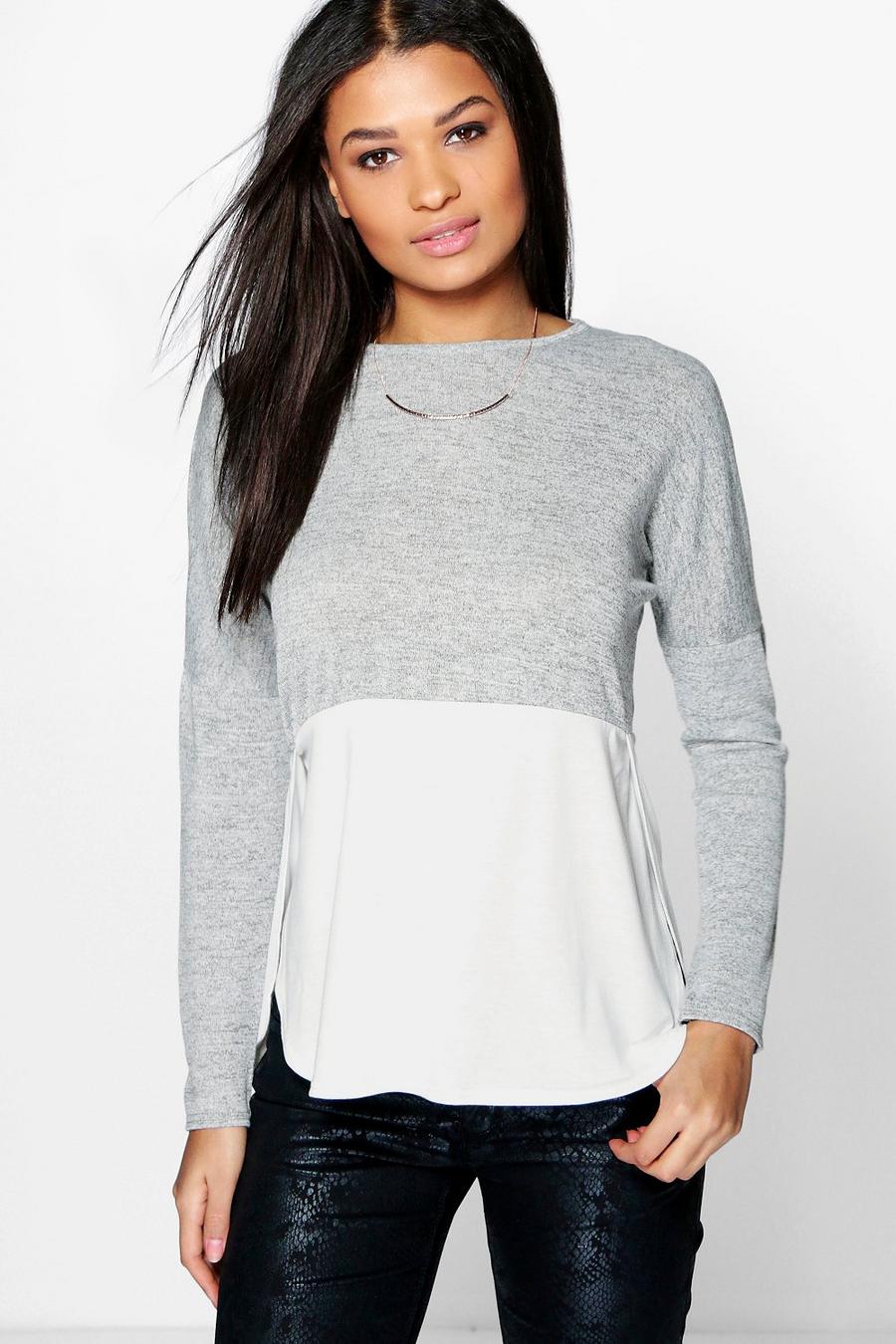 Grey marl Rosie Oversized Long Sleeve Knitted Panel T-Shirt image number 1