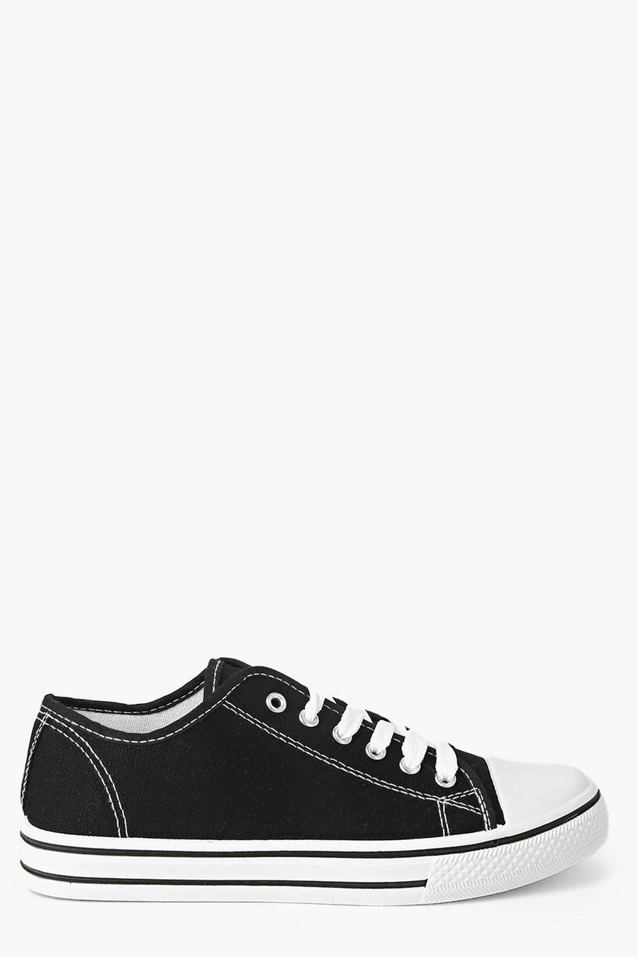 Black Lace Up Canvas Flat Sneakers image number 1