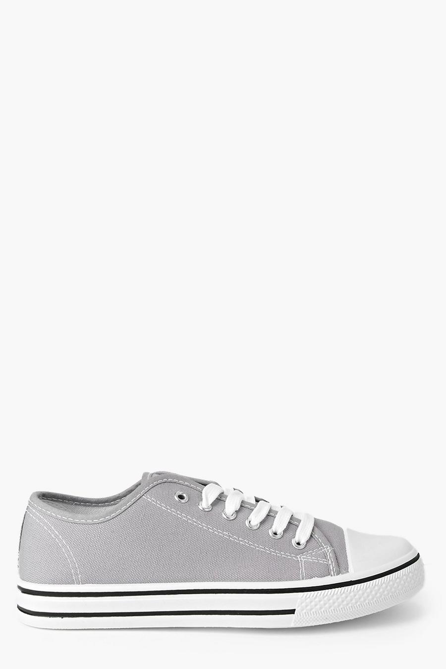 Grey Lace Up Canvas Flat Sneakers image number 1