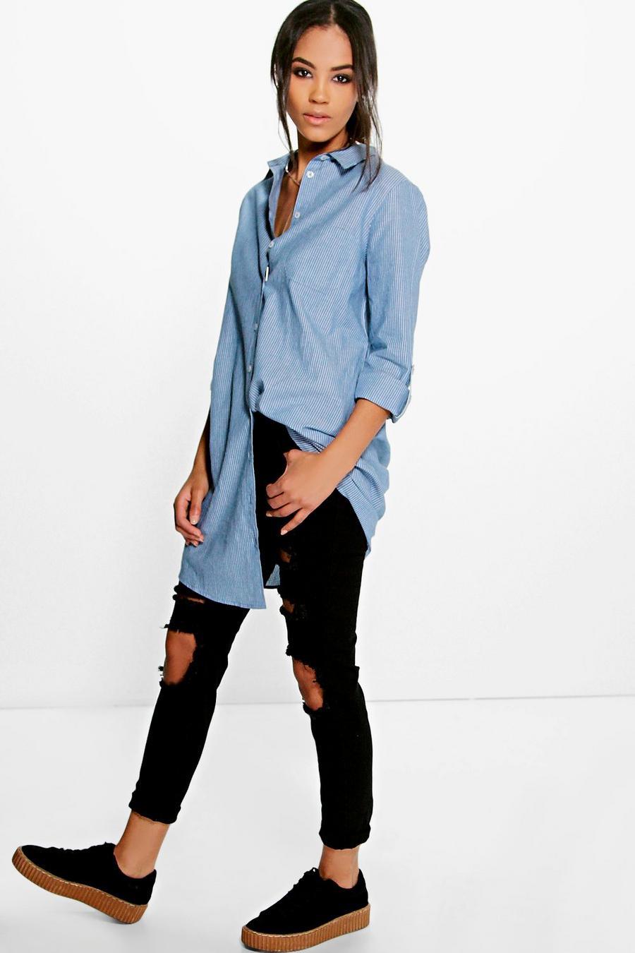 Camisa larga oversize estilo Boyfriend, Azul image number 1
