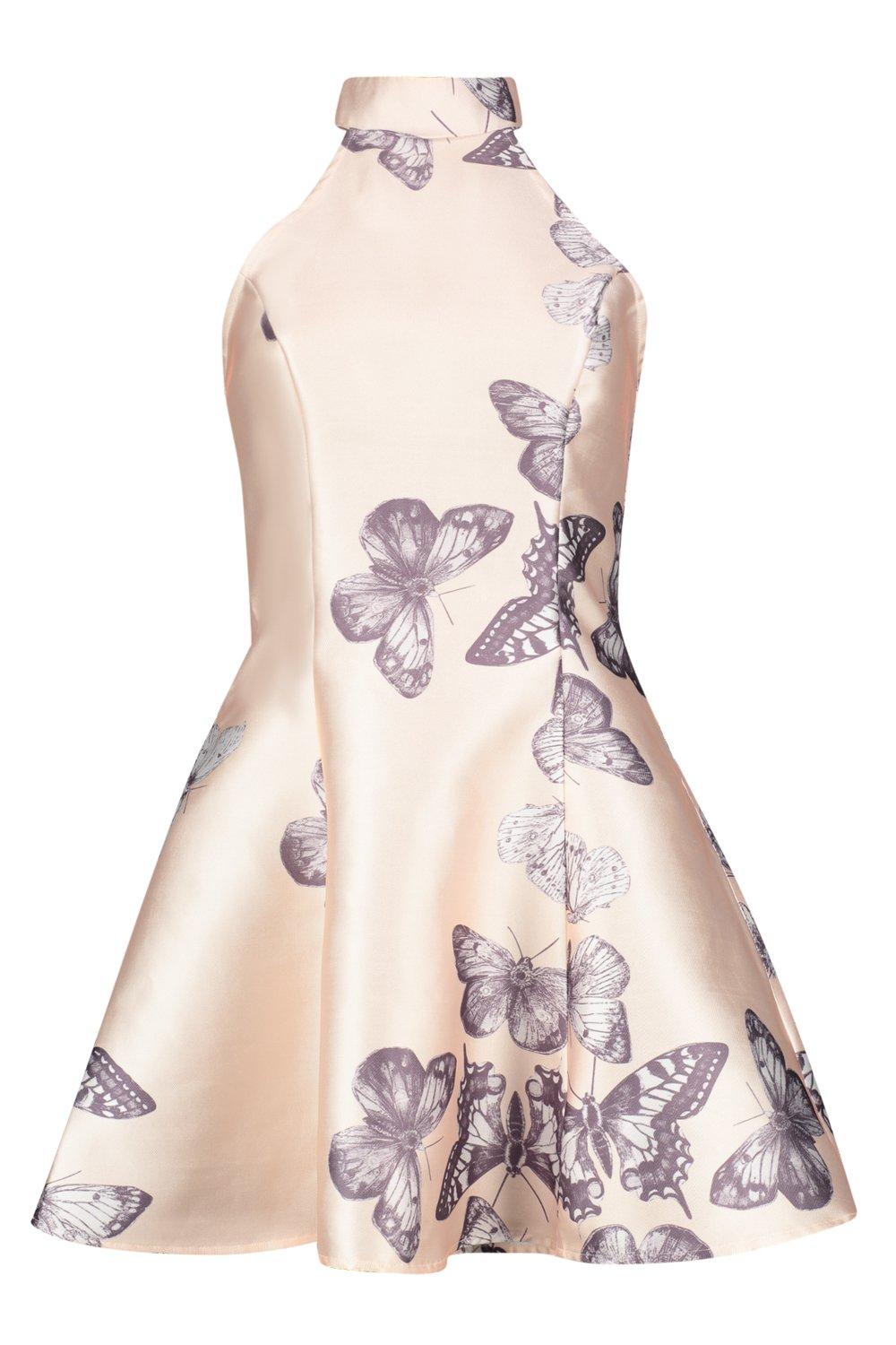 sateen butterfly print fit and flare dress