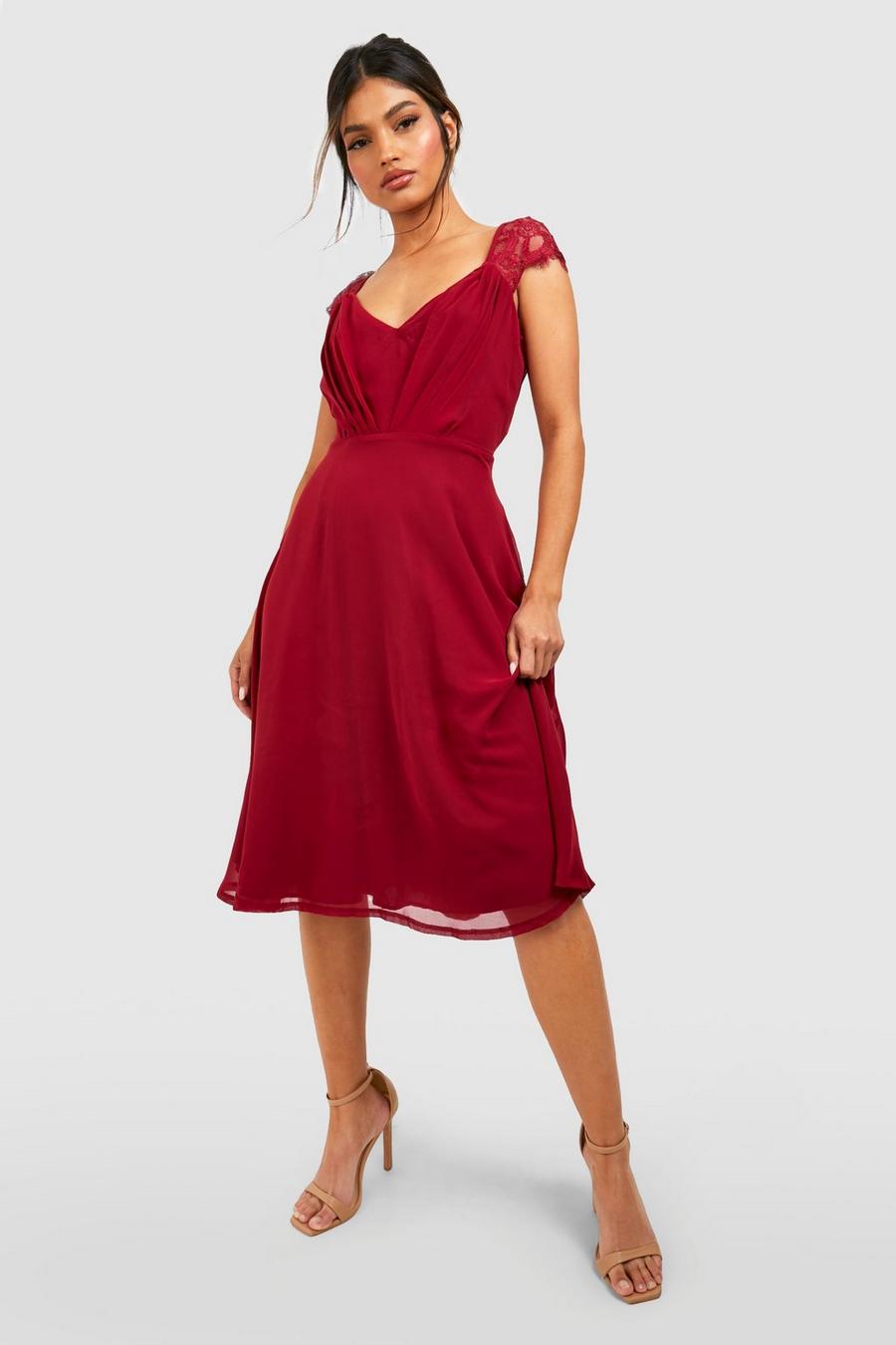 Berry red Chiffon Lace Midi Skater Bridesmaid Dress image number 1